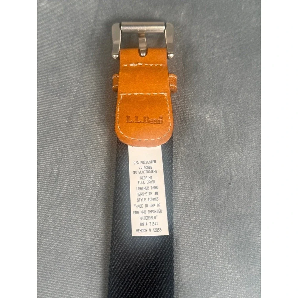 L.L.Bean Stretch Web Belt Navy Tan Stripe Full Grain Leather Trim Size 38 USA
